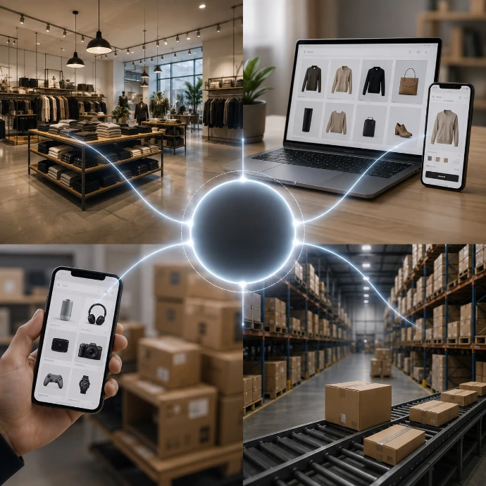 Retail omnicanal: Tiendas + eCommerce + marketplaces + almacén central 