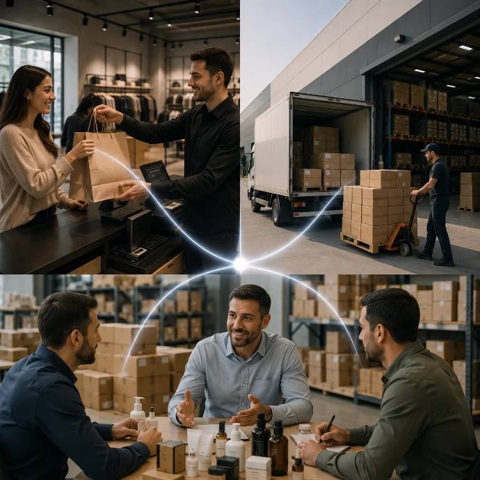 Retail + distribución: Venta directa al consumidor combinada con distribuidores y mayoreo 