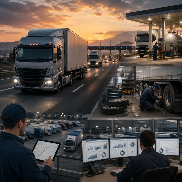 Transporte de carga: Viajes, tractocamiones, remolques, operadores, combustible, casetas, mantenimiento y rentabilidad por flete.