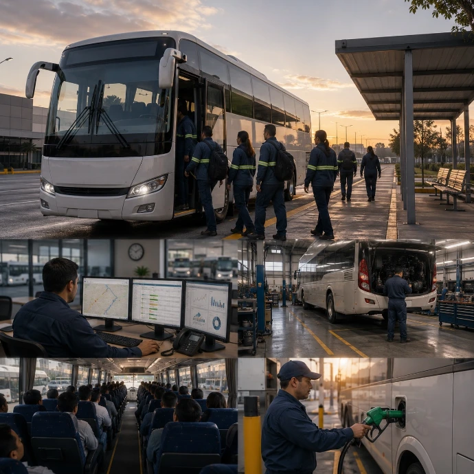 Transporte de personal: Rutas, autobuses, operadores, clientes, servicios programados, kilometraje, combustible y mantenimiento.